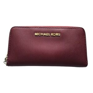 Michael Kors Maroon Red Saffiano Leather Continental Zip Wallet